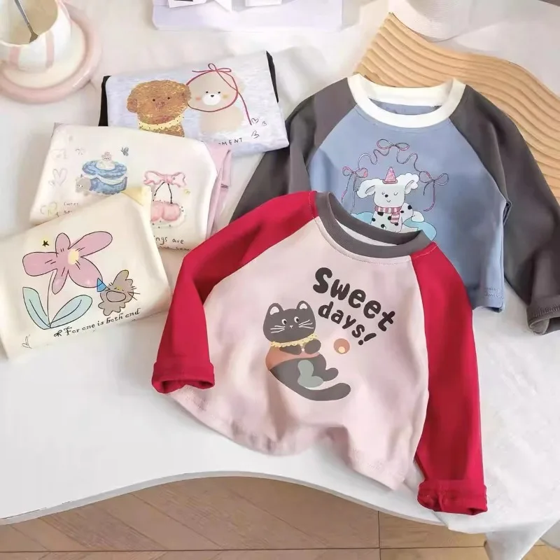 

Girls Long-sleeved T-shirt Spring Autumn Tops for Kids Cartoon Cute Children Tees Cotton Toddler Bottom Baby Outfits Clothing