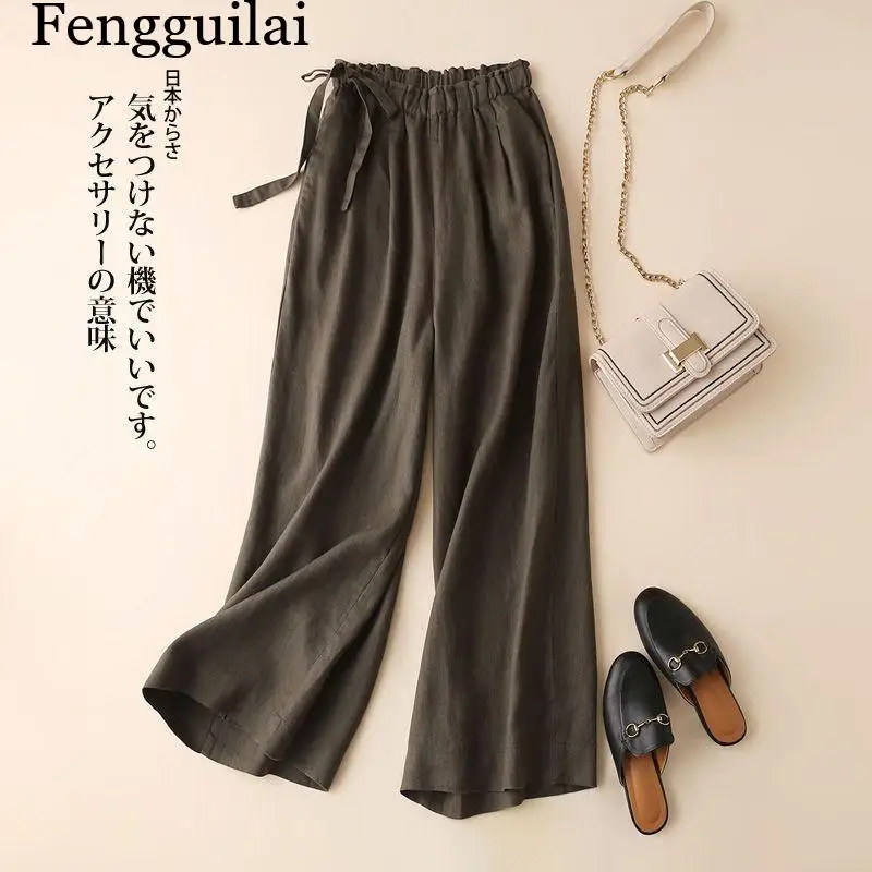 Women's Summer Cotton Linen High Waist Wide Leg Pants Elastic Side Tie Casual Cropped Trousers