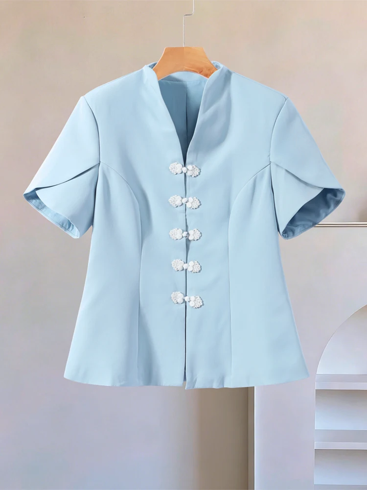 Puffärmel-Oberteil mit Froschknöpfen und Taillenschnürung für Damen, Vintage-Stehkragen, Kurze Ärmel, Rüschen, Schlankes Top, Modische Damenmode, Neue Streetwear – Detail 6
