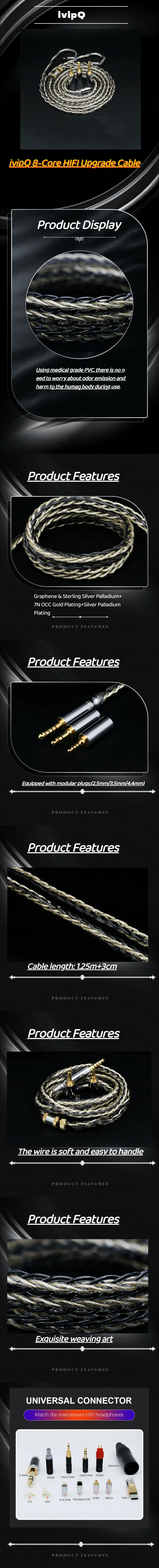 IvipQ-233 Hochreines HiFi DIY MMCX 8-adriges Graphen+Silber-Palladium-beschichtetes modulares Stecker-Kopfhörerkabel, für IE900 AKG N5005 – Detail 1