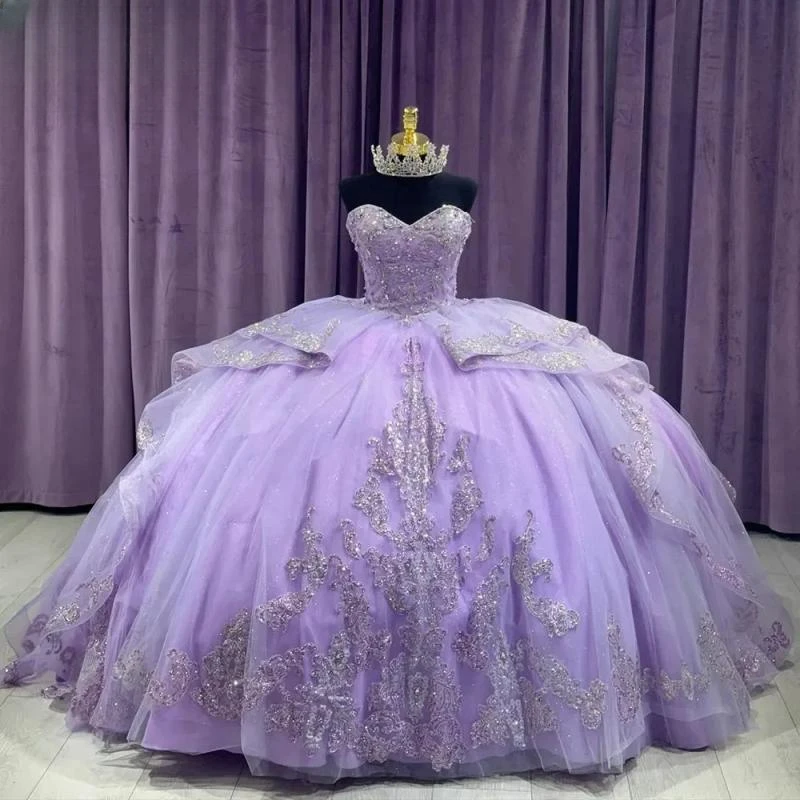 

Lilac Sweetheart Ruffles Ball Gown Quinceanera Dresses Sequined Appliques Lace Corset Vestidos De 15 Años