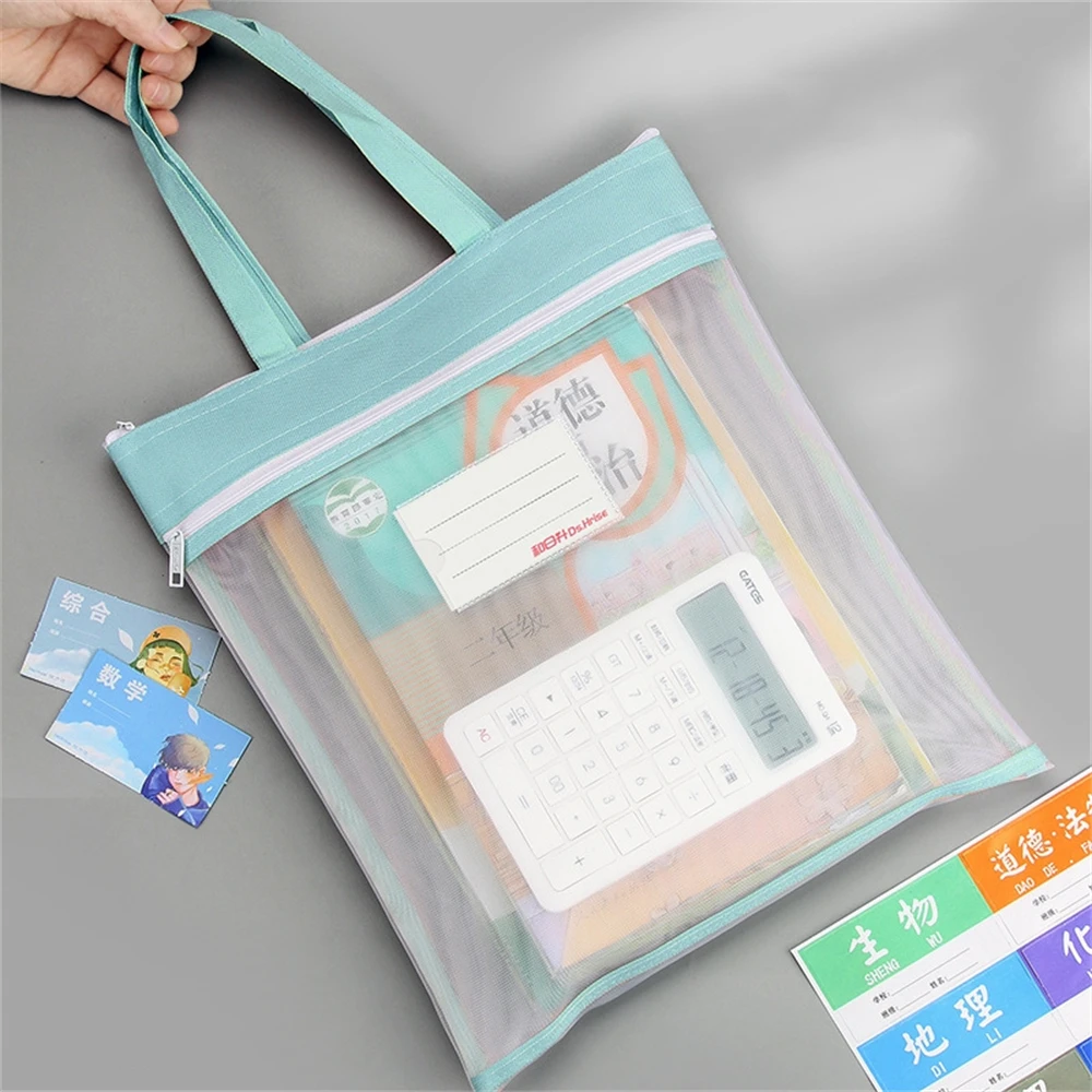 Malha transparente arquivo saco com alça, organizador de documentos, suporte de papelaria, bolsa de lápis com zíper duplo, material escolar e escritório