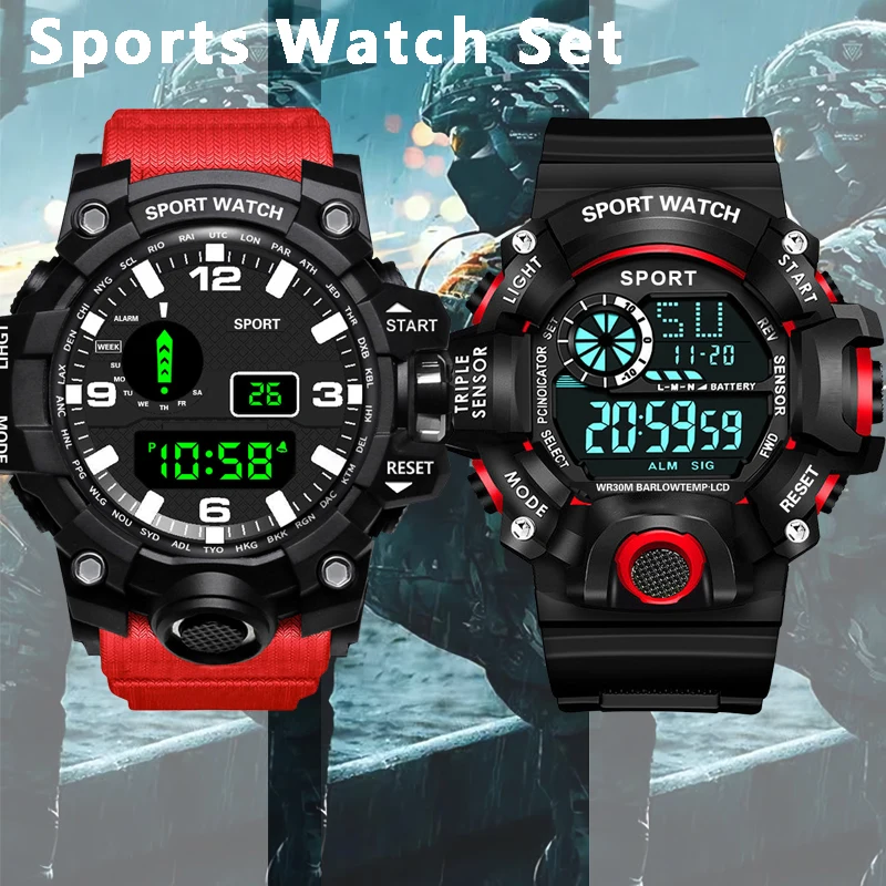 Elektronische horlogeset voor heren Militaire sporthorloges Set Lichtgevend multifunctioneel LED digitaal polshorloge voor heren, kinderen, jongen, student