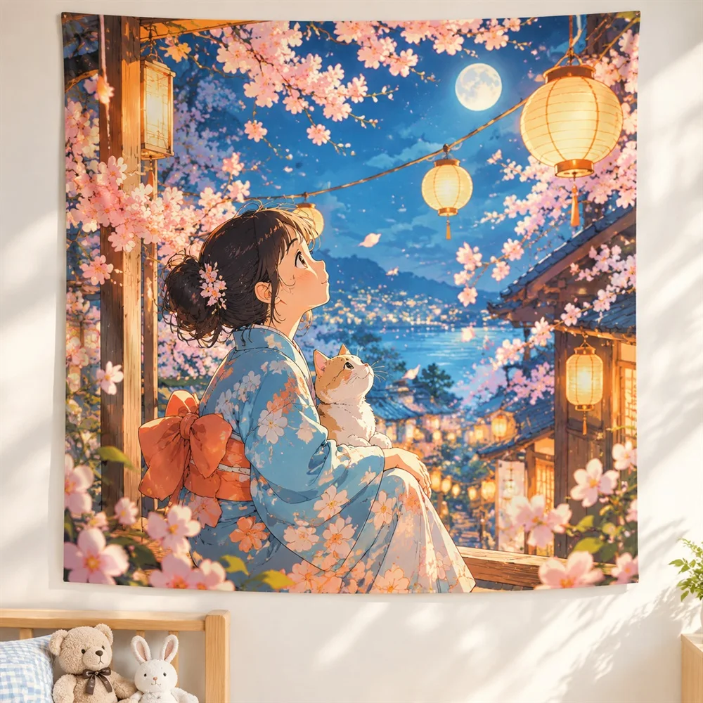 VIKAMA Sakura Lantern Night Anime Tapestry Wall Hanging, Aesthetic Japanese Anime Room Decor Tapestries for Bedroom Living Room