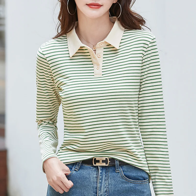 Korean Style Long Sleeve Polo Shirt Women Cotton Stretch Fashion Autumn Elegant Knitted Polo For Women Striped T-shirt