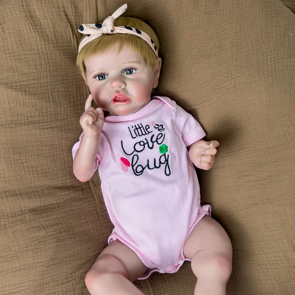 22 Inch Vinyl Reborn Baby Doll, Pink Outfit, Blonde Hair, Blue Eyes, Exquisite Facial Features & Skin Details, Color Box