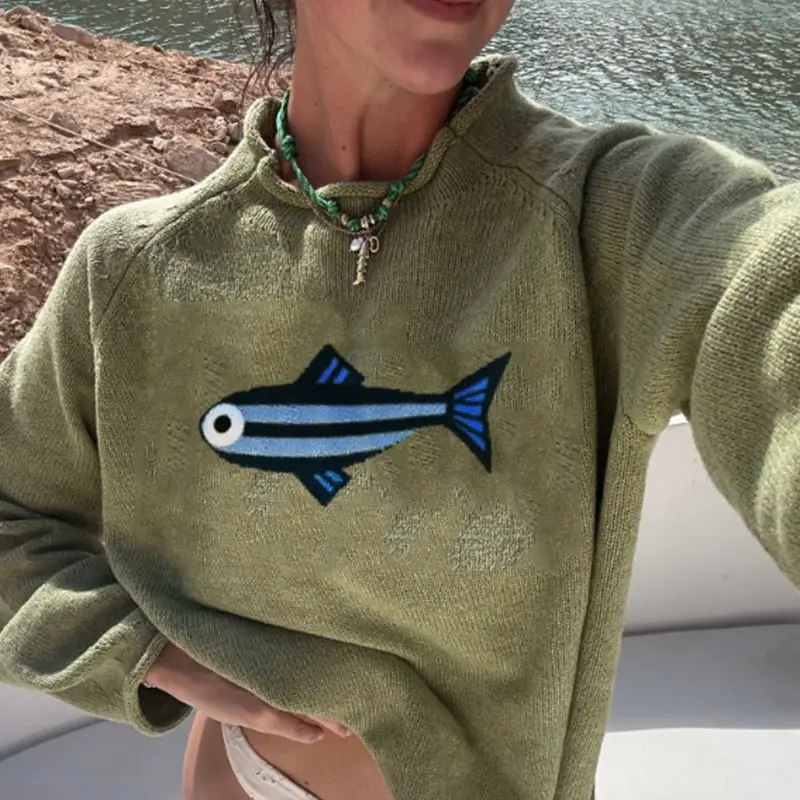 

Combhasaki Women Fall Winter Sardine Knitted Sweater Y2K Aesthetic Fish Pattern Print Women Casual Loose Knitwear Pullover Tops