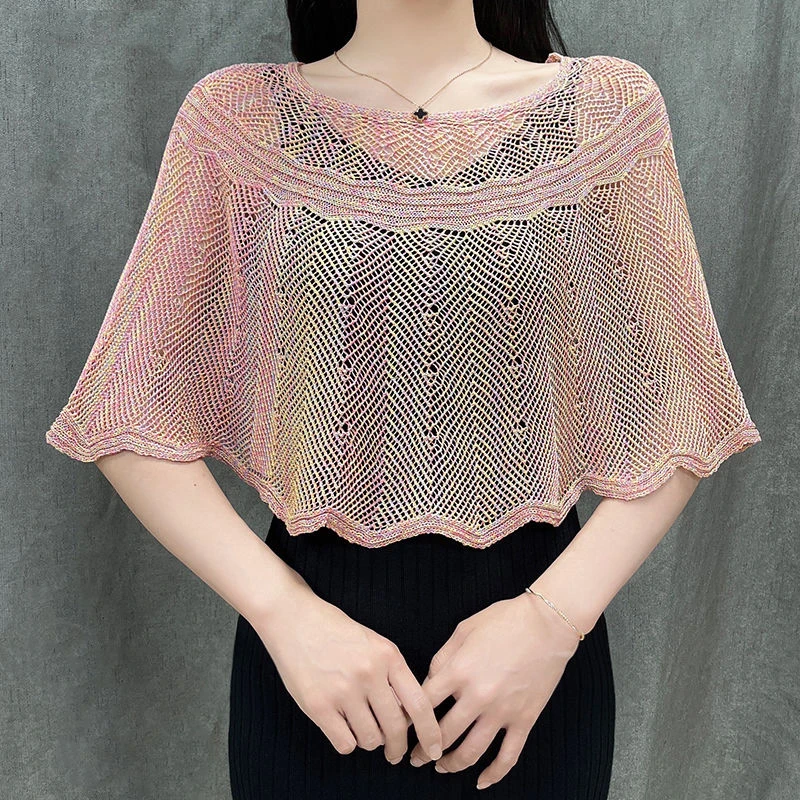 Korean Ice Silk Hollow Pearl Sunscreen Shawl Female Summer Air Conditioning Neck Protection Pullover Knit Cloak Women\'s Cape R72