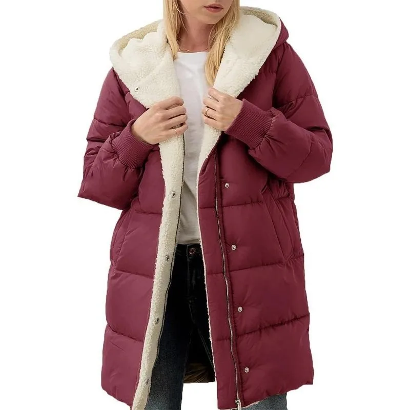 Women's Clothing Solid Warm Fleece Hooded Cotton Coat Long Sleeves Double-sided Velvet Slim Fit Elegant Cardigan Outerwear Top