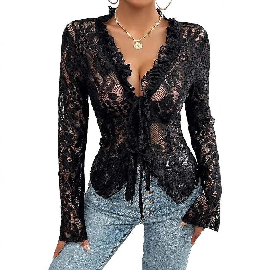 Women's Hollow Out Lace Shirt Sexy V-Neck Slim Long Sleeve Blouse 2026 Summer French Holiday Style Top