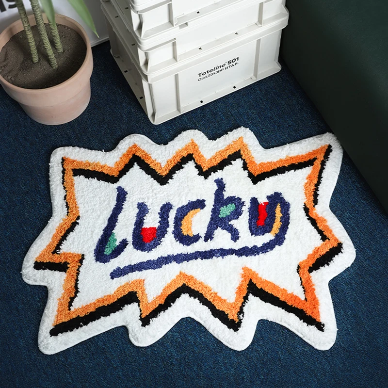 Tufting Lucky Bedside Rug Soft Letters Carpet Bathroom Floor Pad Kids Room Bedroom Doormat Aesthetic Home Winter Warm Decor