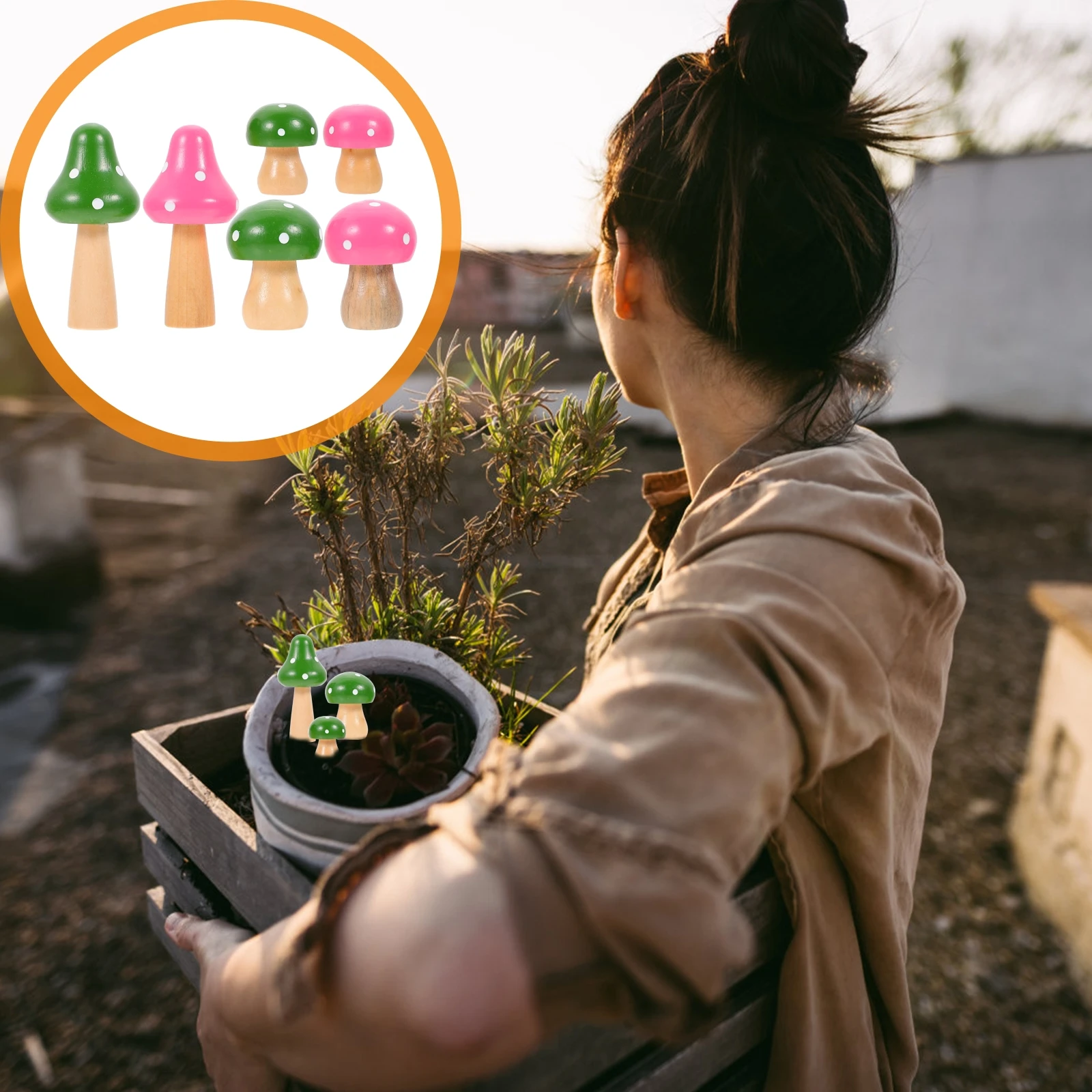 

6pcs Wooden Mushroom Ornament Decorations Garden Landscape Sculpture Mini Wood Craft Figurines Kids Play House