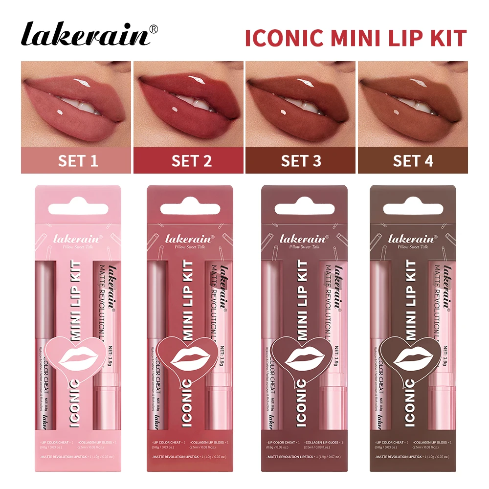 3pcs Lip Makeup Set Lip Liner Lip Gloss Lipstick Mirror Effect Beep Lips High Color Long-lasting Hydrates Travel Mini Set