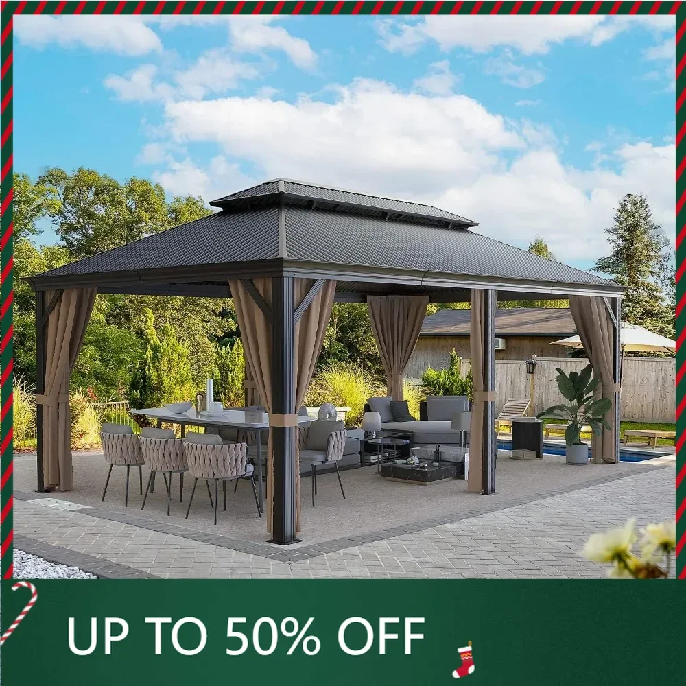 12'x20' Hardtop Metal Gazebo, Outdoor Galvanized Steel Double Roof Canopy, Aluminum Frame Permanent Pavilion