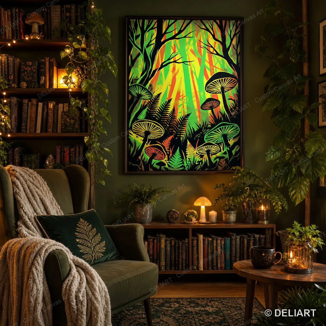 Psychedelic Neon Poster Canvas Wall Art - Trippy Abstract Sunset Mushroom Forest Print for Bedroom Dorm Game Room Decor