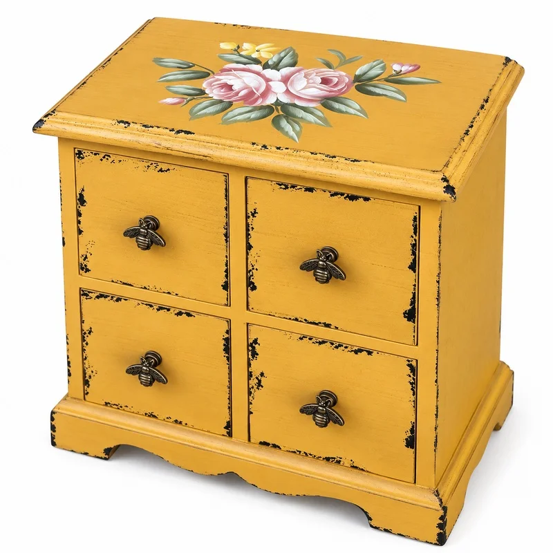 commode-en-bois-de-style-vintage-avec-4-tiroirs-decoree-a-la-main-de-motifs-de-roses-poignees-en-bronze-representant-des-abeilles-plateau-de-couleur-jaune-vieilli-dimensions -30 x 18 x 32 cm