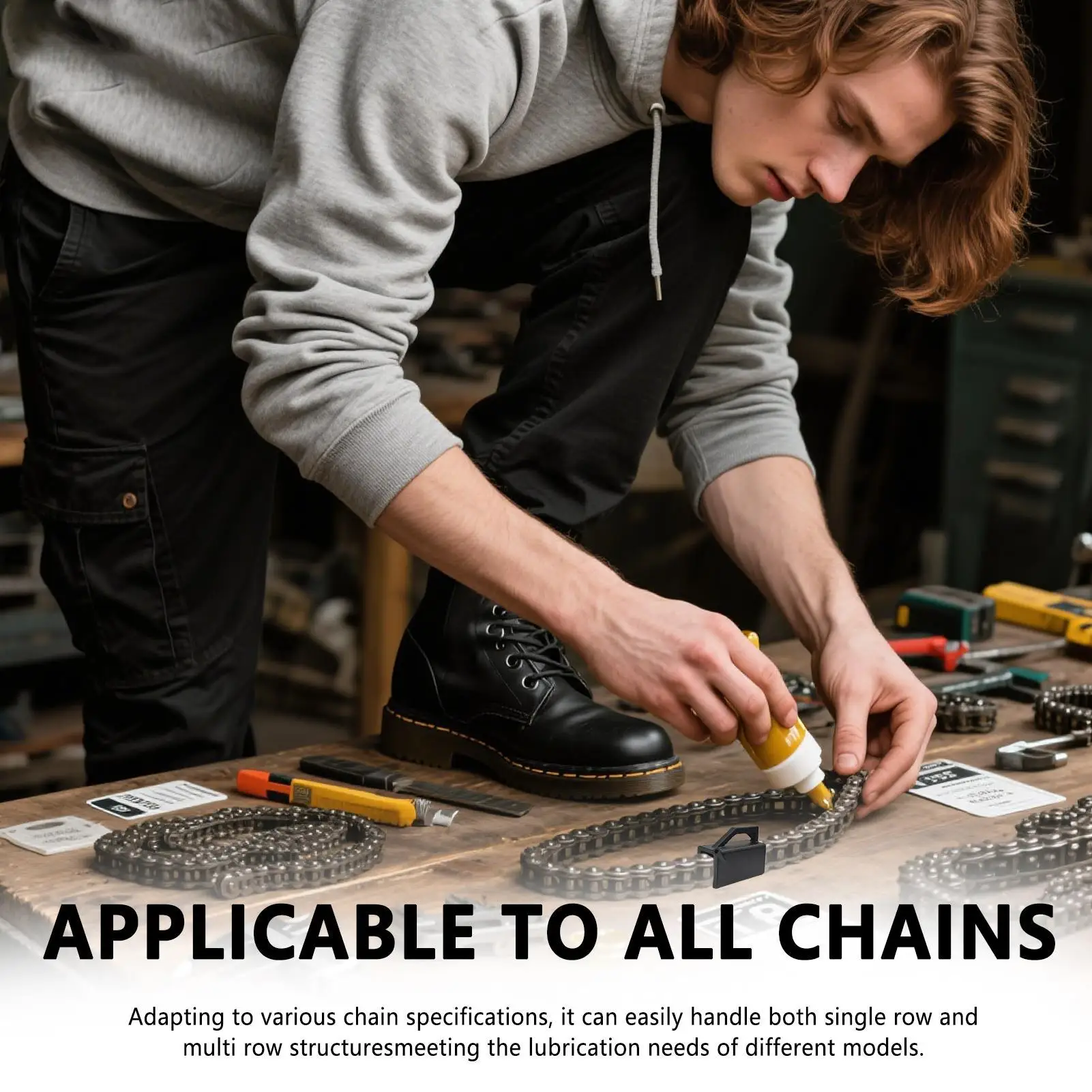 أداة تشحيم السلسلة بدون أداة تشحيم سلسلة فوضى دليل شحم دقيق مانع للتسرب لجميع أنواع سلاسل الدراجات النارية