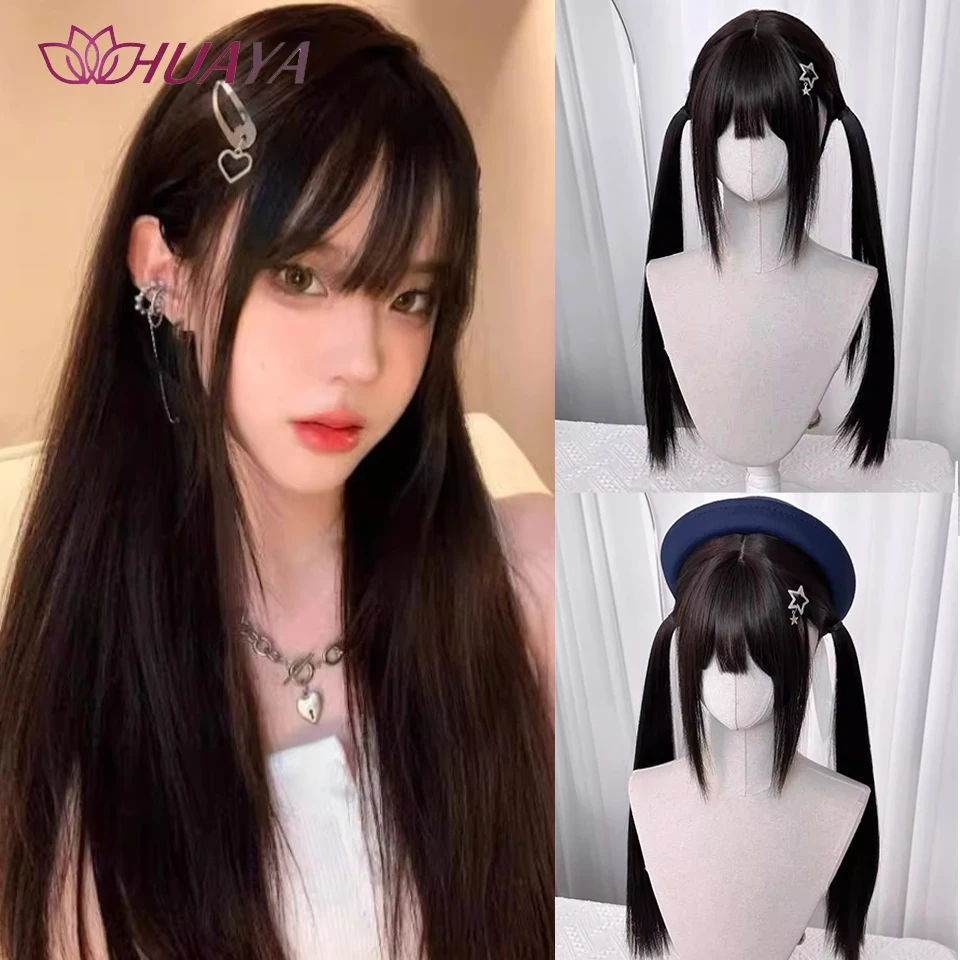 

Lolita Synthetic Wig Female Black Long Straight Hair With Bangs Full-Head Halloween Cosplay Use.