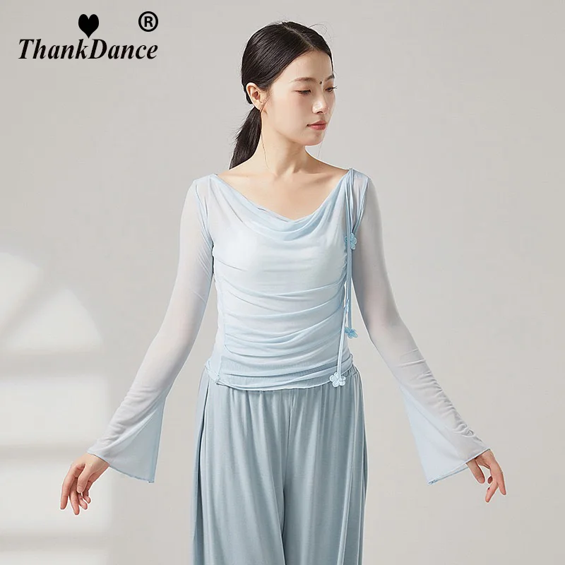 المرأة الكلاسيكية الرقص قميص الملابس الصينية الرجعية مشبك القديمة قافية الشاش شفافة طويلة الأكمام بلايز ملابس رقص الشعبية