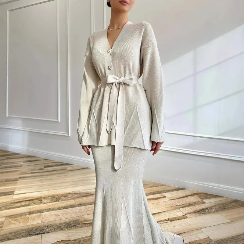 

2025 Spring New Solid Color V-neck Tie Up Waist Cardigan A-line Half Body Skirt Dress Set