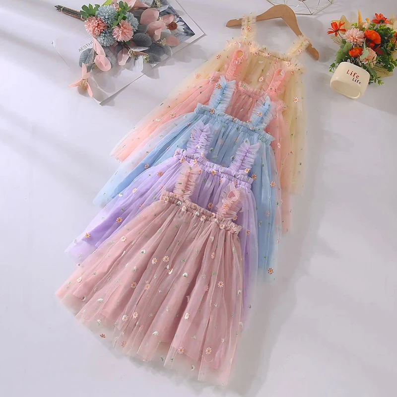 Summer Children Dresses For Girl Suspender Embroidery 5 Colors Girls Dress Flower Cute Princess Dress For Girls Mesh Vestido