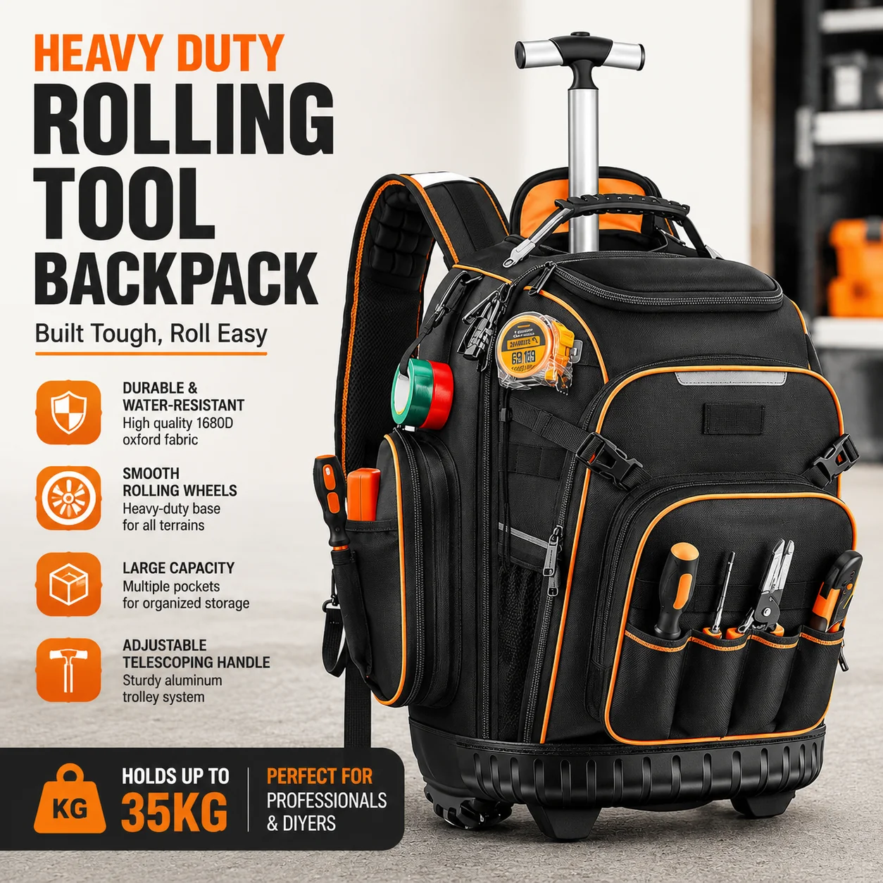 Rolling Tool Backpack with Wheels, Heavy Duty Large Capacity Tool Bag Organizer for Electrician