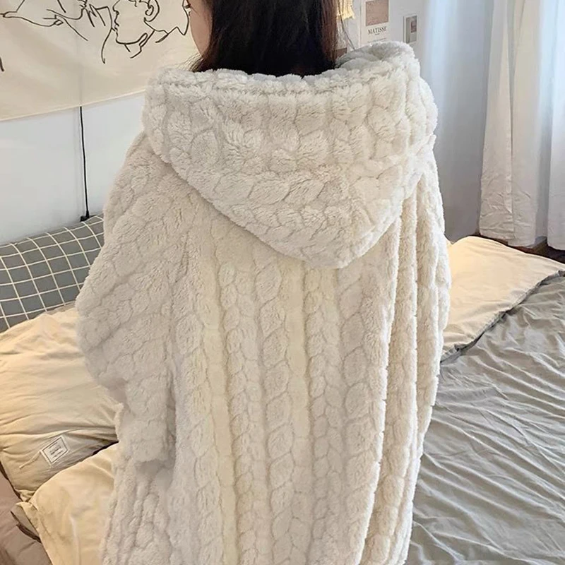 Hooded Robe for Women Sleepwear Nightdress Winter Night Wears Warm Fleece Pajama One Piece Nightgown Pocket Long Sleeve Homewear