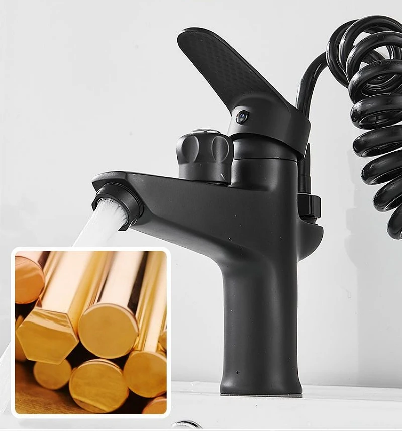 Black Brass 2-in-1 Bathroom Basin Faucet with Handheld Shower Head Water Saving Hair Washing Tool Hot And Cold Water Mixer Tap