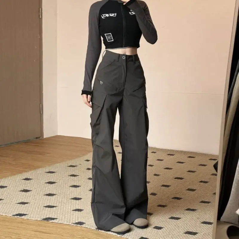 American Style Vintage Summer Woman Clothing Solid Cargo Pants Harajuku Fashion High Waist Casual Loose Wide Leg Flare Trousers