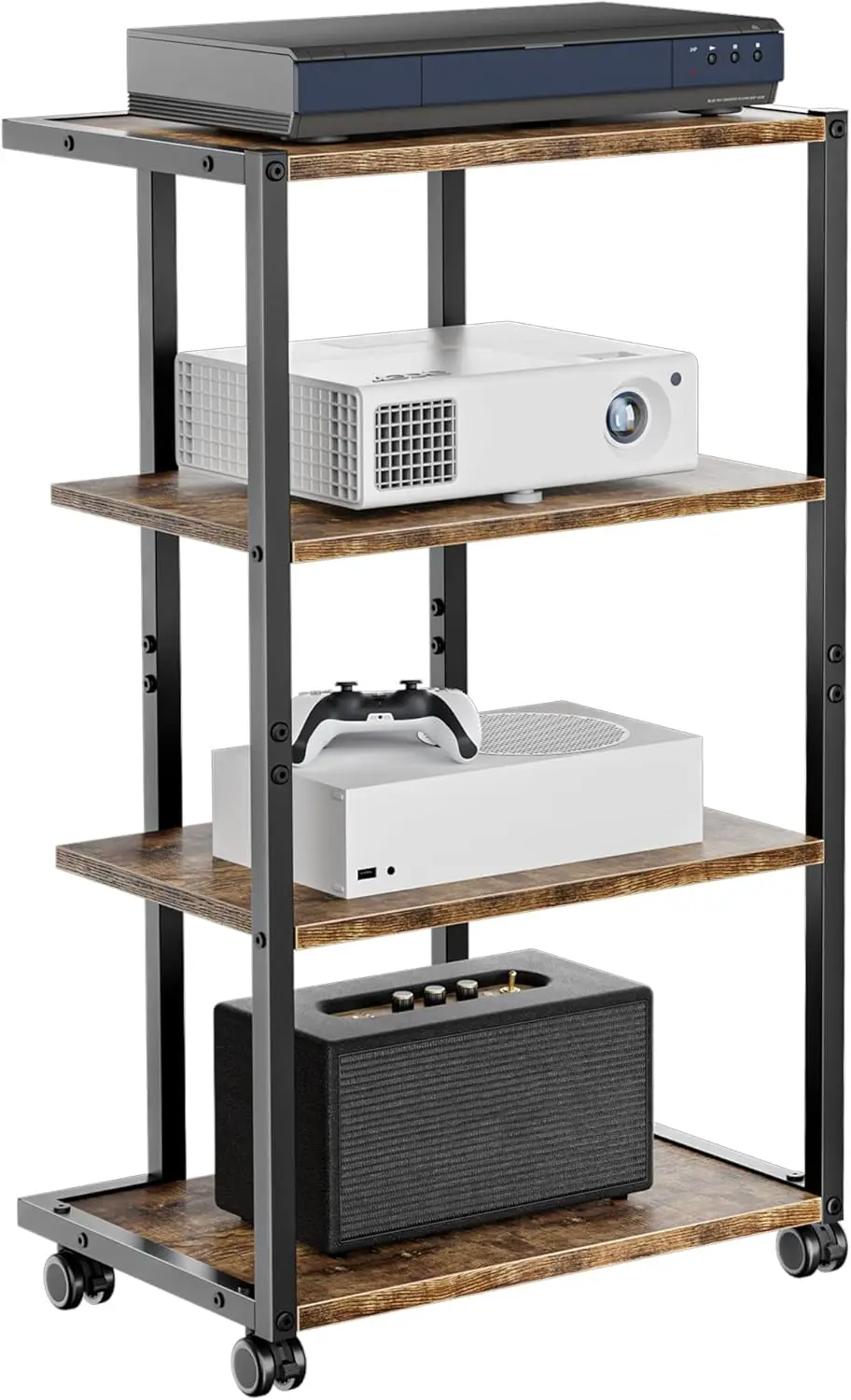 

4-Tier Rolling Media Stand with Wheels for Game Console, Record Player, DVD Player & Projector in Small Spaces