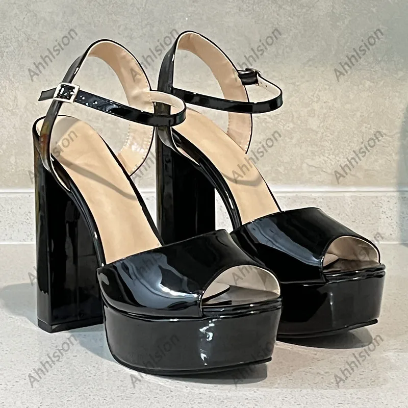 Ahhlsion Real Photos Women Sandals Waterproof Stable Chunky Heel Peep Toe Elegant Black Casual Shoes Ladies US Plus Size 4-15