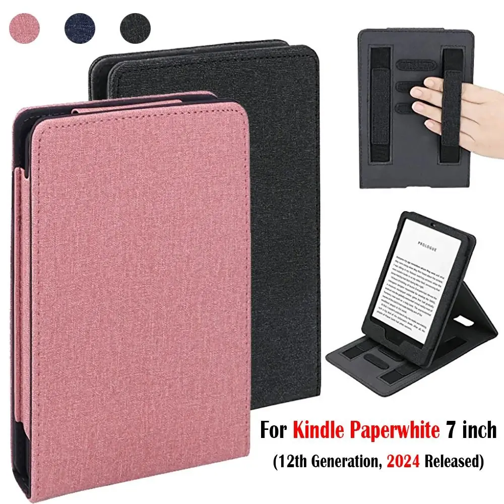 7 Inch E-Reader Stand Case with Hand Support Auto Sleep/Wake Folio Cover for Kindle Paperwhite 2024 7inch 12th Generation