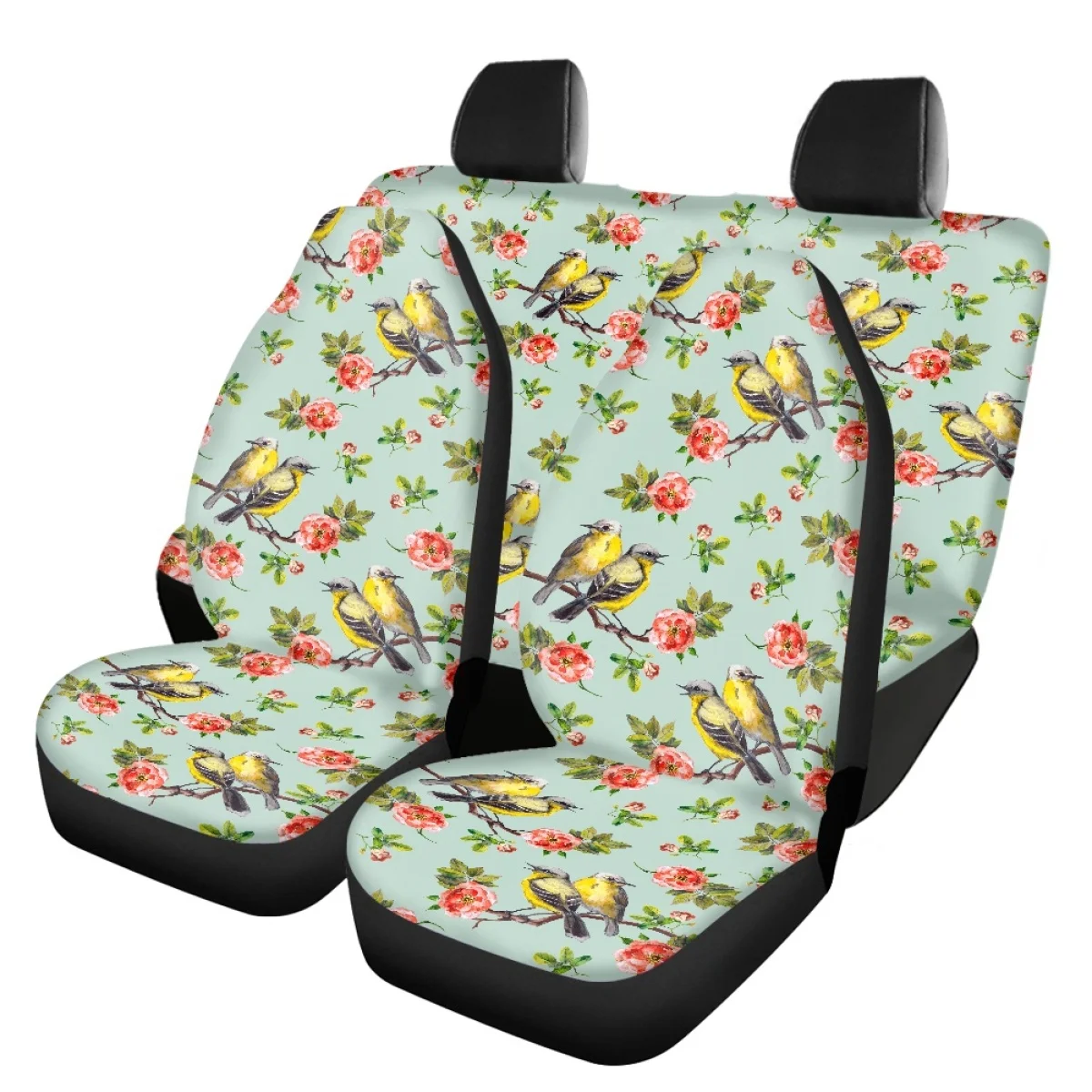 Floral Bird Design Women Car Seat Covers Breathable Full Set Heavy-Duty Nonslip Car Accessories General Front and Rear Seat