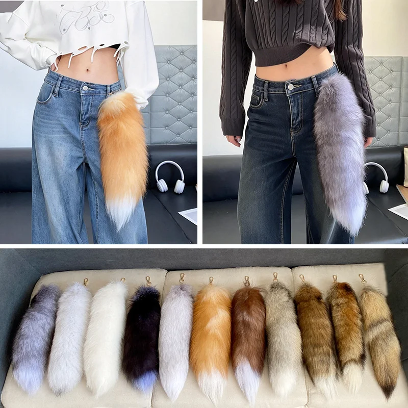 Natural Fox Fur Tail Keychain Fluffy Y2K Wolf Tail Keychains Car Accessories Anime Tail Fur Keychain Bag Charms Jewelry Key Ring