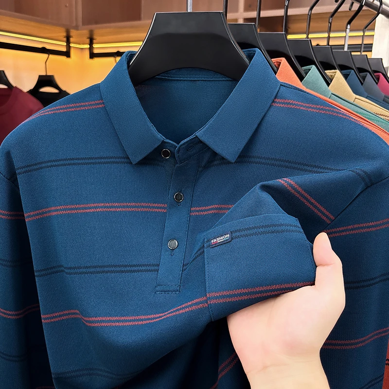 High End Striped Polo Shirt for Men in Spring and Autumn, Loose and Casual, Middle-aged Dad, Inner Long Sleeved