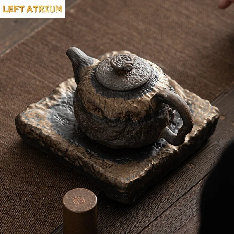 1Pc 225ML Japanese-style Gilt Iron Glaze Withered Chan Positive Pot Ancient Burnt Handmade Coarse Pottery Teapot Small Tea Maker