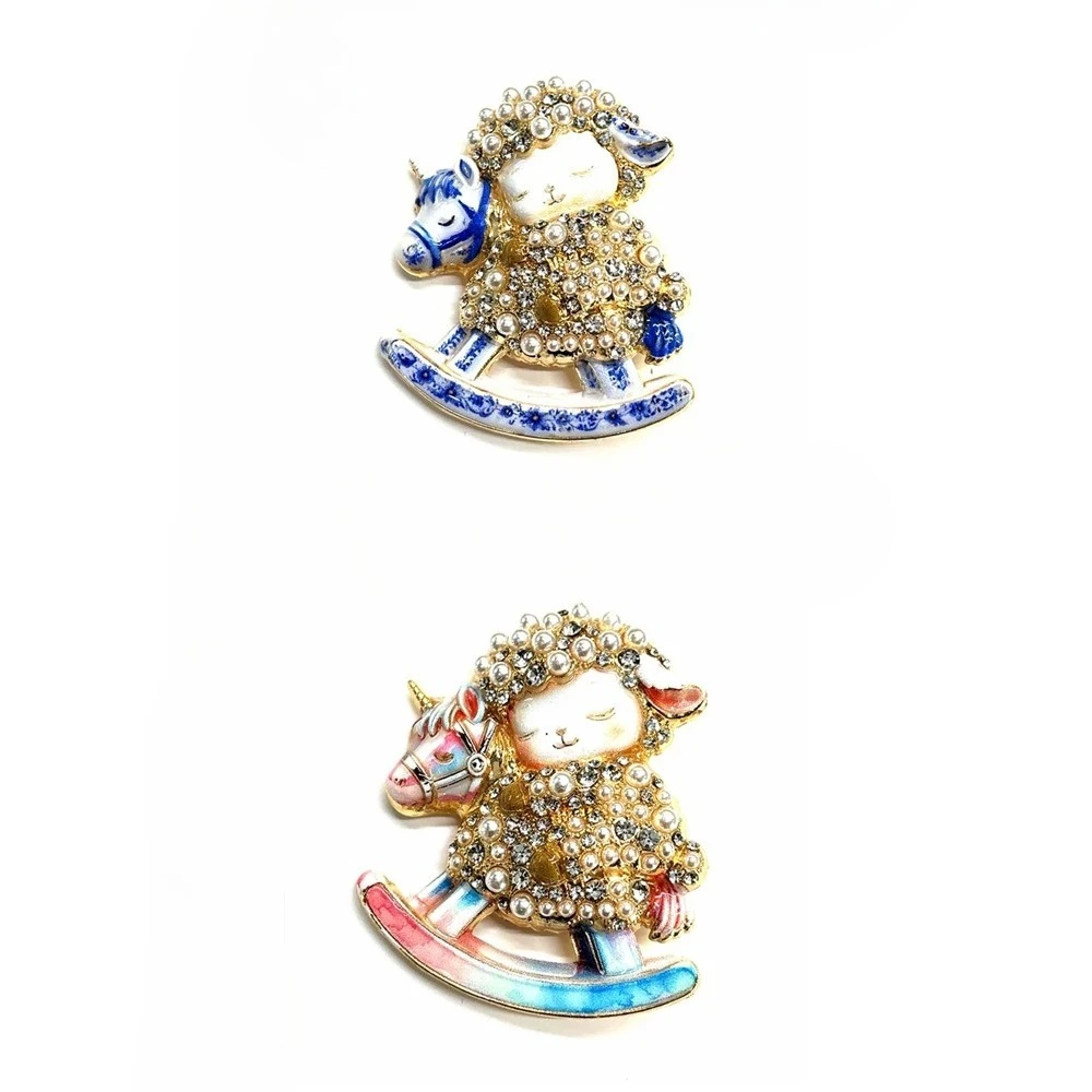 Vintage Pearl Crystal Sheep Riding Rocking Horse Brooch Alloy Enamel Lapel Pin