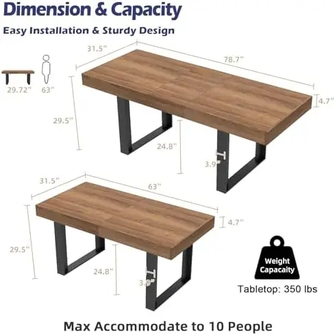 63-79 Inch Extendable Dining Table, Wooden Rectangle Kitchen Table for 6-8 | Expandable Dining Room Table, Walnut Brown