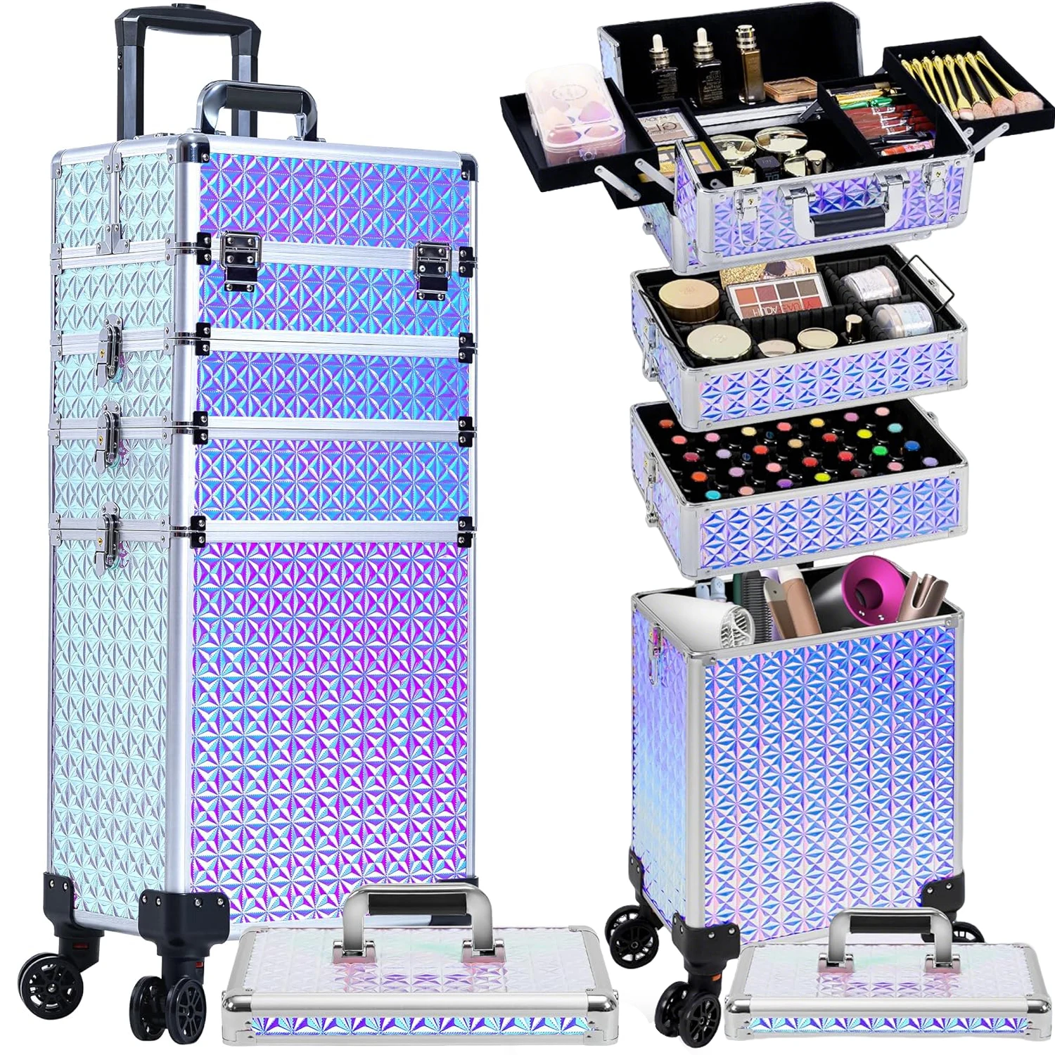 

5 in 1 Rolling Makeup Train Case Cosmetology Case on Wheels Large Cosmetic Organizer Travel Cart for Nail Beauty Salon Barber
