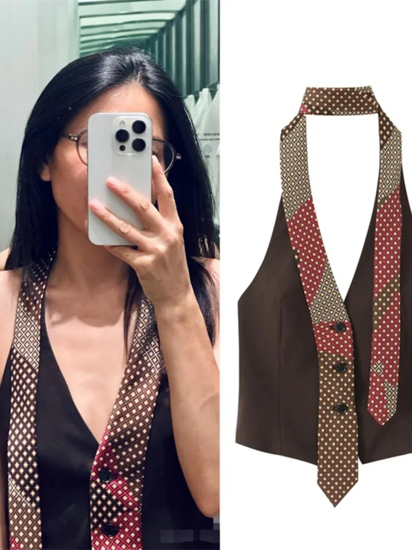 

Autumn New Style Dark Brown Sleeveless Halter Neck with Tie Decoration Vest Sexy Fashion Unique and