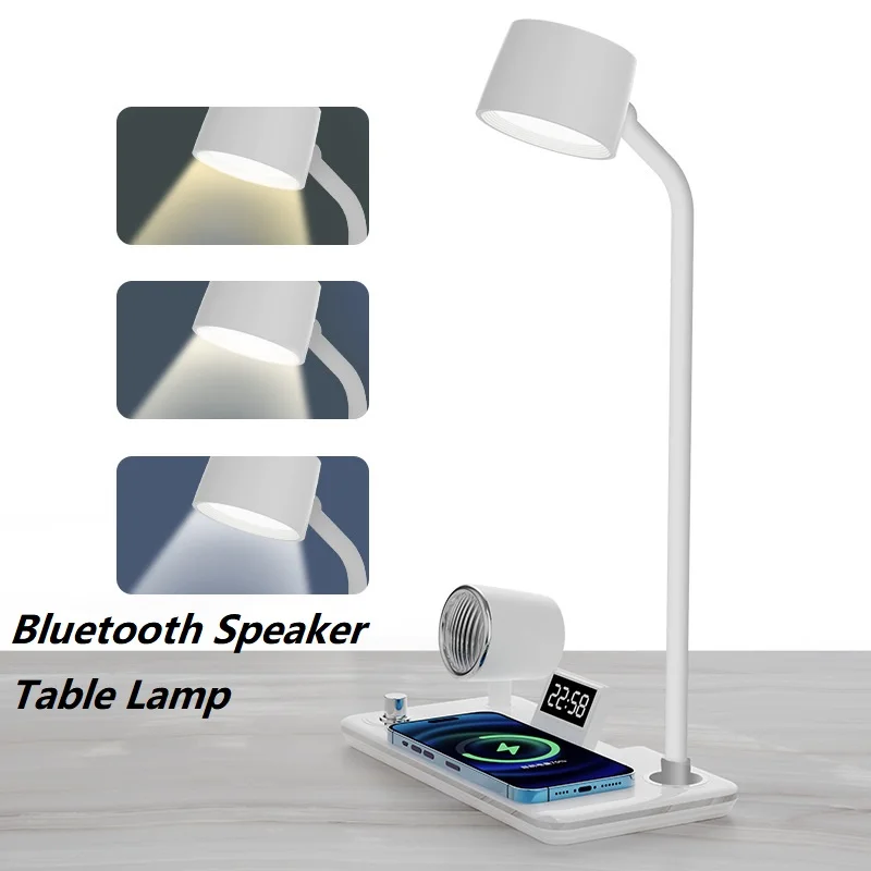 lampada de mesa led com alto falante bluetooth carregamento sem fio para telefone toque interruptor usb escurecimento lampada de mesa relogio luz de leitura em novo 01