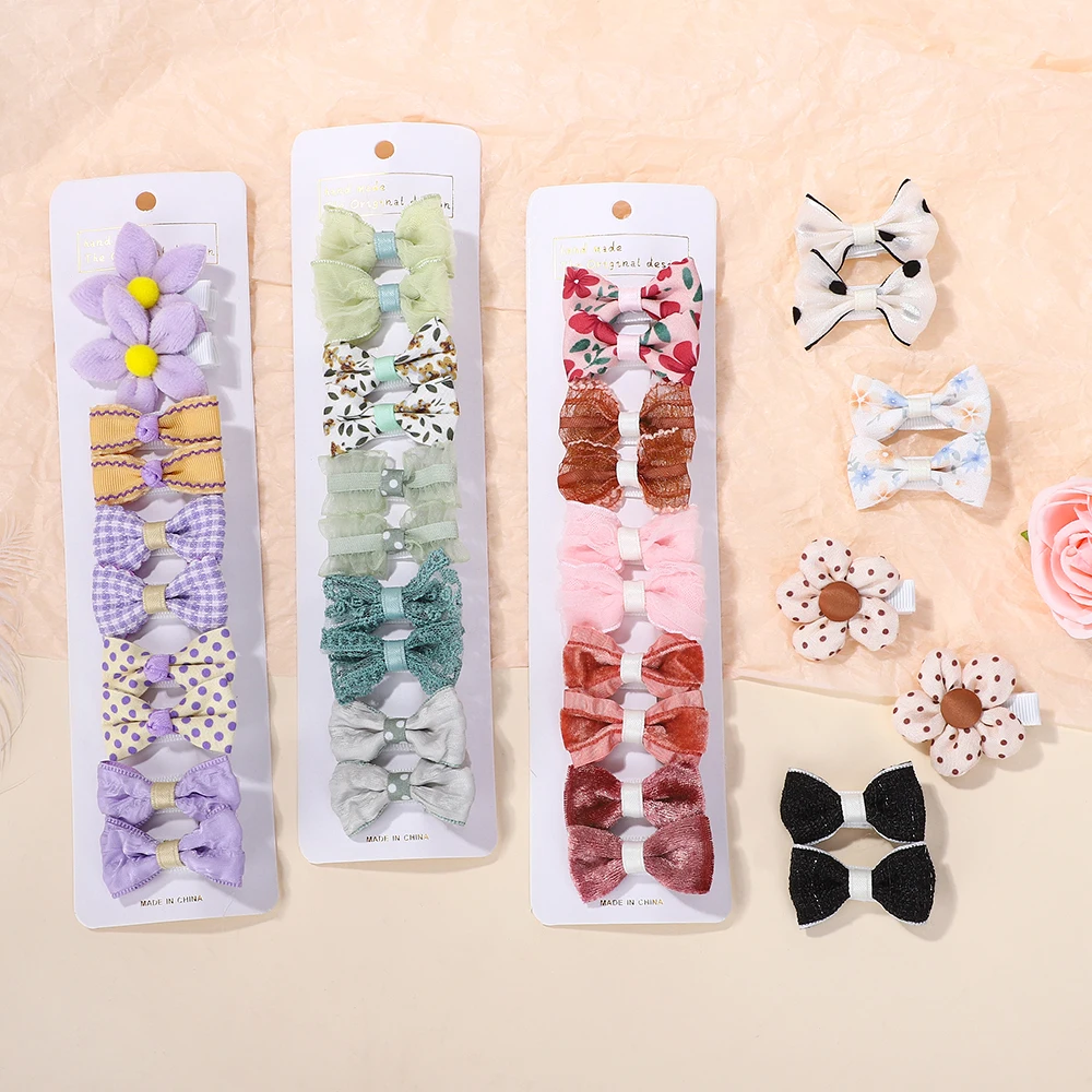 10-teiliges Blumen-Schleifen-Haarspangen-Set für Babys, Kleinkinder, Winter-Druck, Haarnadel, Mini-Baumwollspitze, handgefertigt, Kinder-Haar-Accessoires – Detail 6