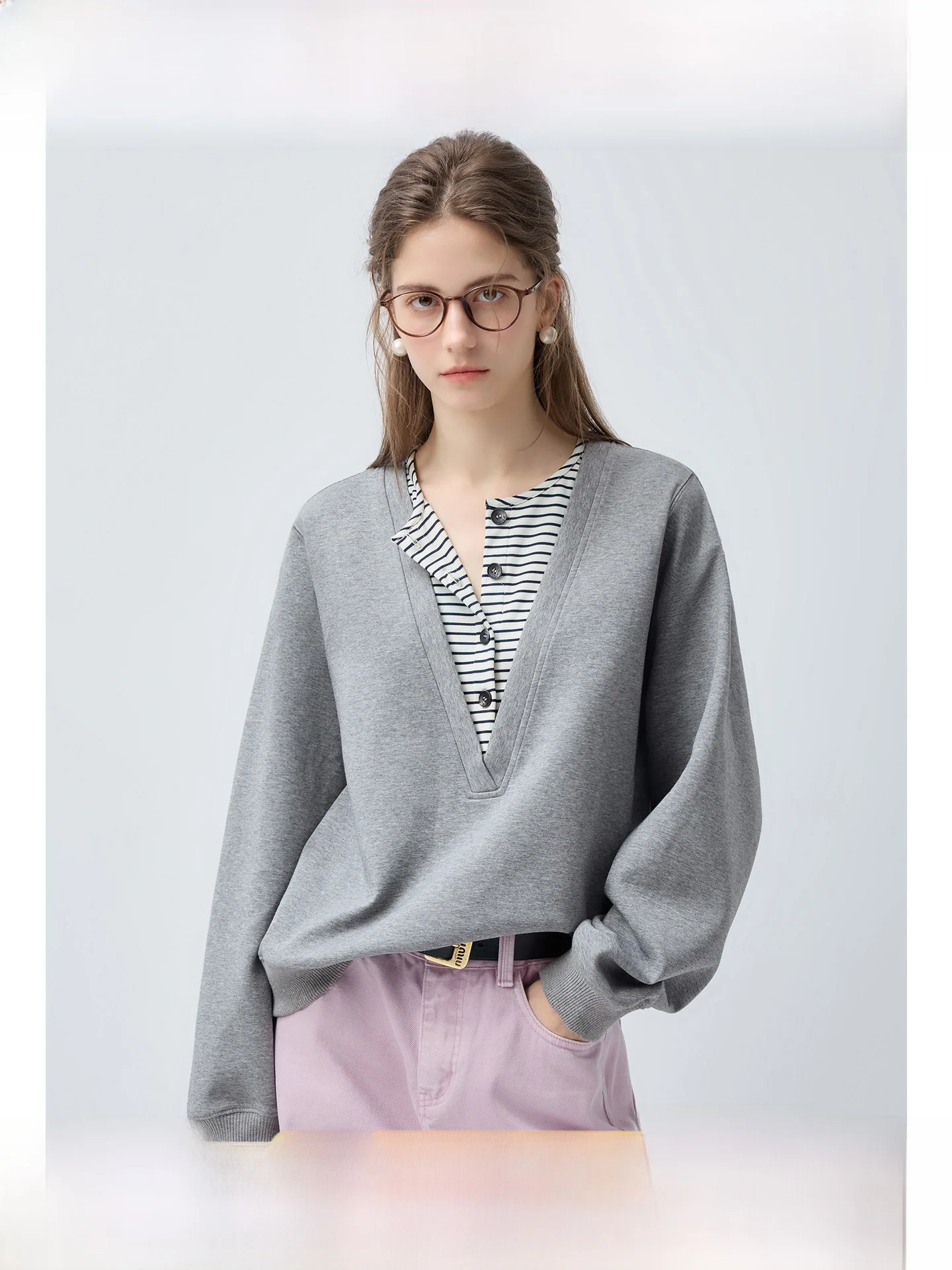 

plus Size Women's Sweatirt Striped Slimming Fake Two-Piece Spring Loose Fitting Micro plus Size MM Top Korean Sle Commute