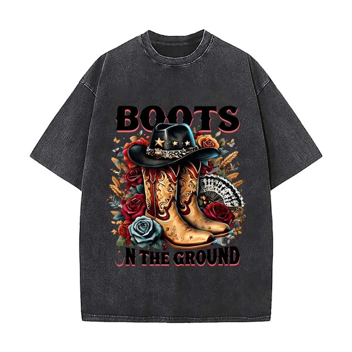 Retro Western Cowboy Boots Hat Floral European And American Washed Distressed Print Fashion Casual Versatile T Shirt
