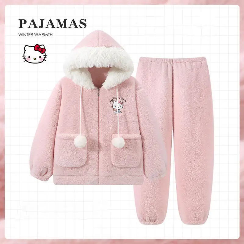 

Cute Sanrioed My Melody Hello Kitty Pajamas for Women In Autumn and Winter Thickened and Warm Plush Hooded Zipper Home Suit Set