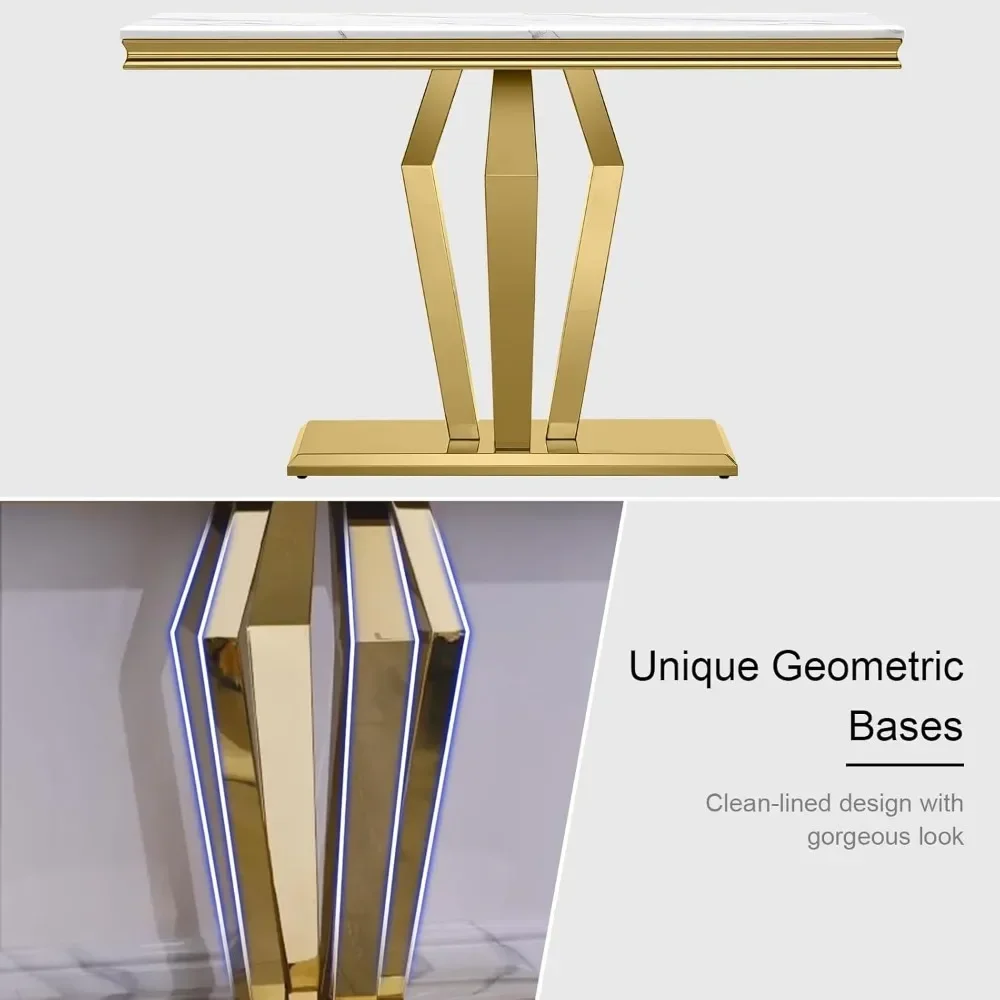 Table Basse Dorée Moderne de 48 Pouces avec 4 Bases Poli Géométriques, Console Rectangulaire, avec une Brittop Blanche