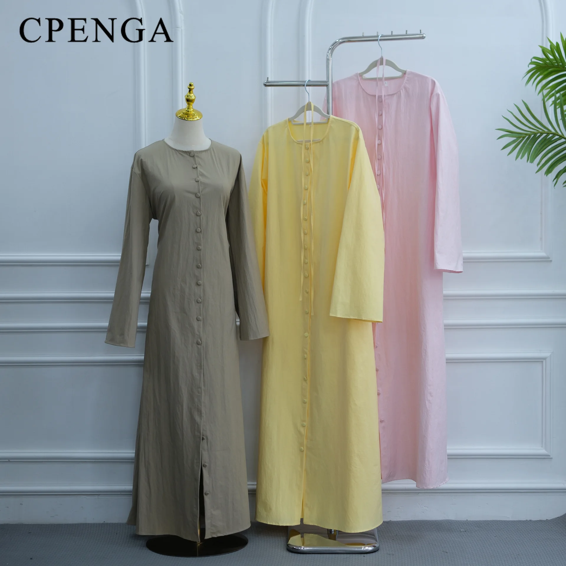 Women's Traditional Abaya Dress Muslim Long Sleeve O-Neck Solid Color Button Front Maxi Robe Daily Wear Modest Turkey Caftan