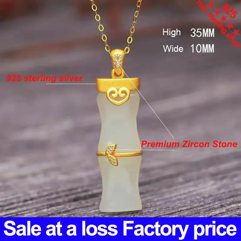 

Gift necklace with natural jade and bamboo inlaid pendant, gold 925 silver inlaid pendant, fashionable and luxurious SK21669