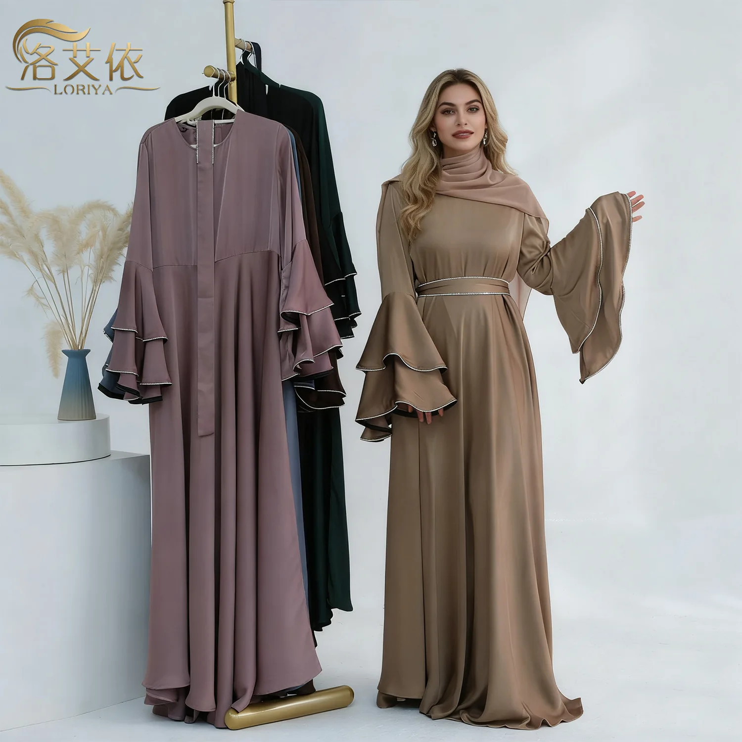 

Middle East New Fashion Women's Luxury Beading Casual Trendy Daily Simple Basic Long Flare Sleeve Dresses Female Muslim Clothes