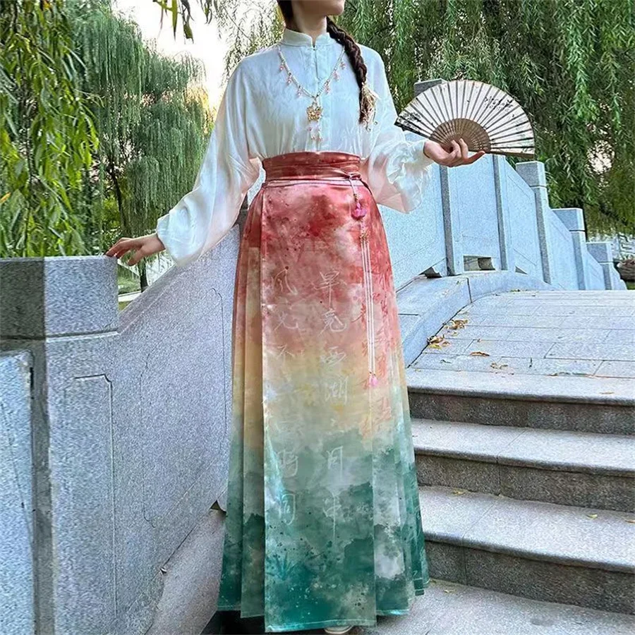 Hanfu Horse Face Skirt Chinese Hanfu Blouse + Red Blue Ma Mian Skirt Chinese Clothes Women Modern Ming Hanfu COscos